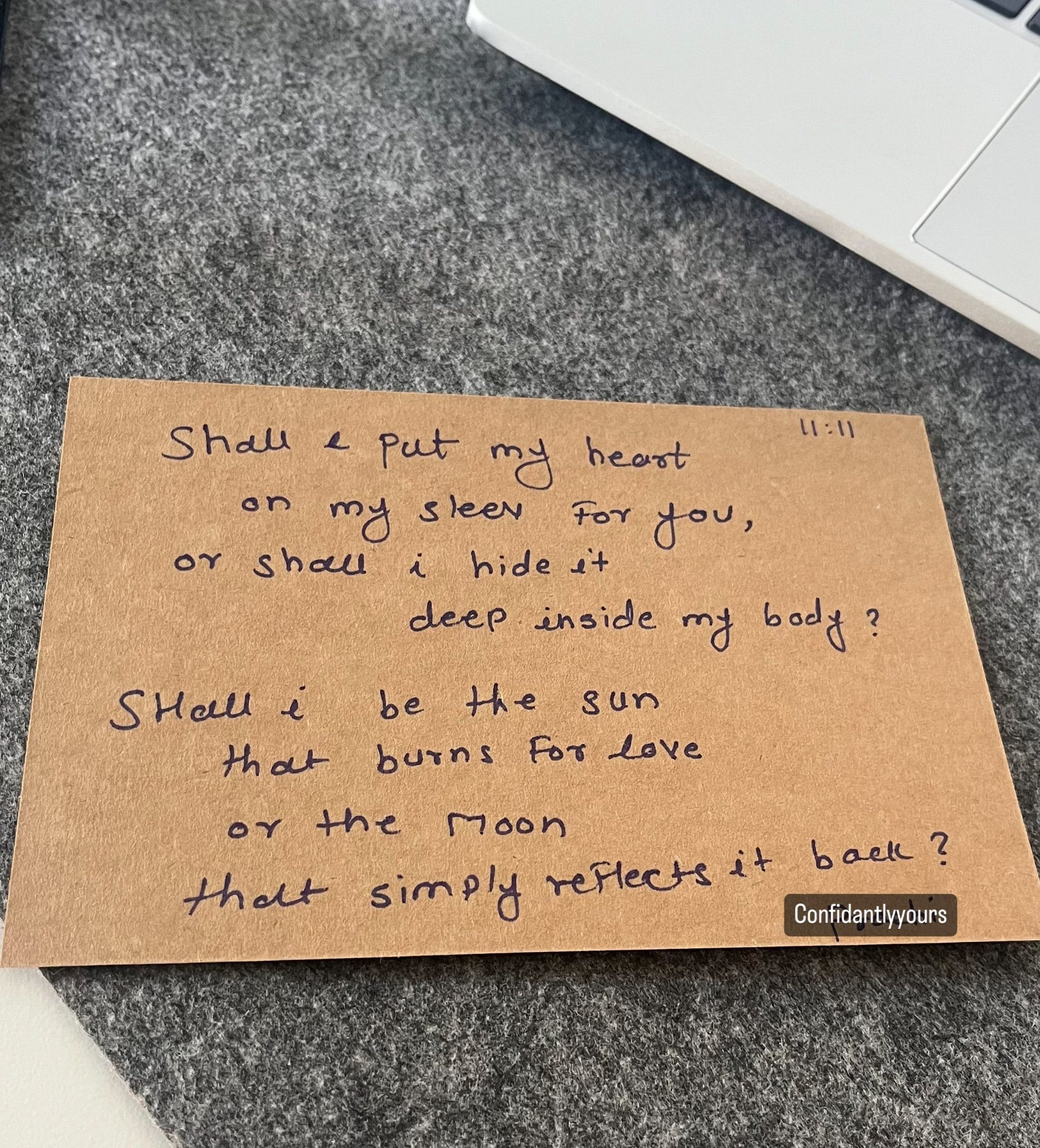 Handwritten note — Shall I put my heart on my sleeve for you, or shall I hide it deep inside my body?